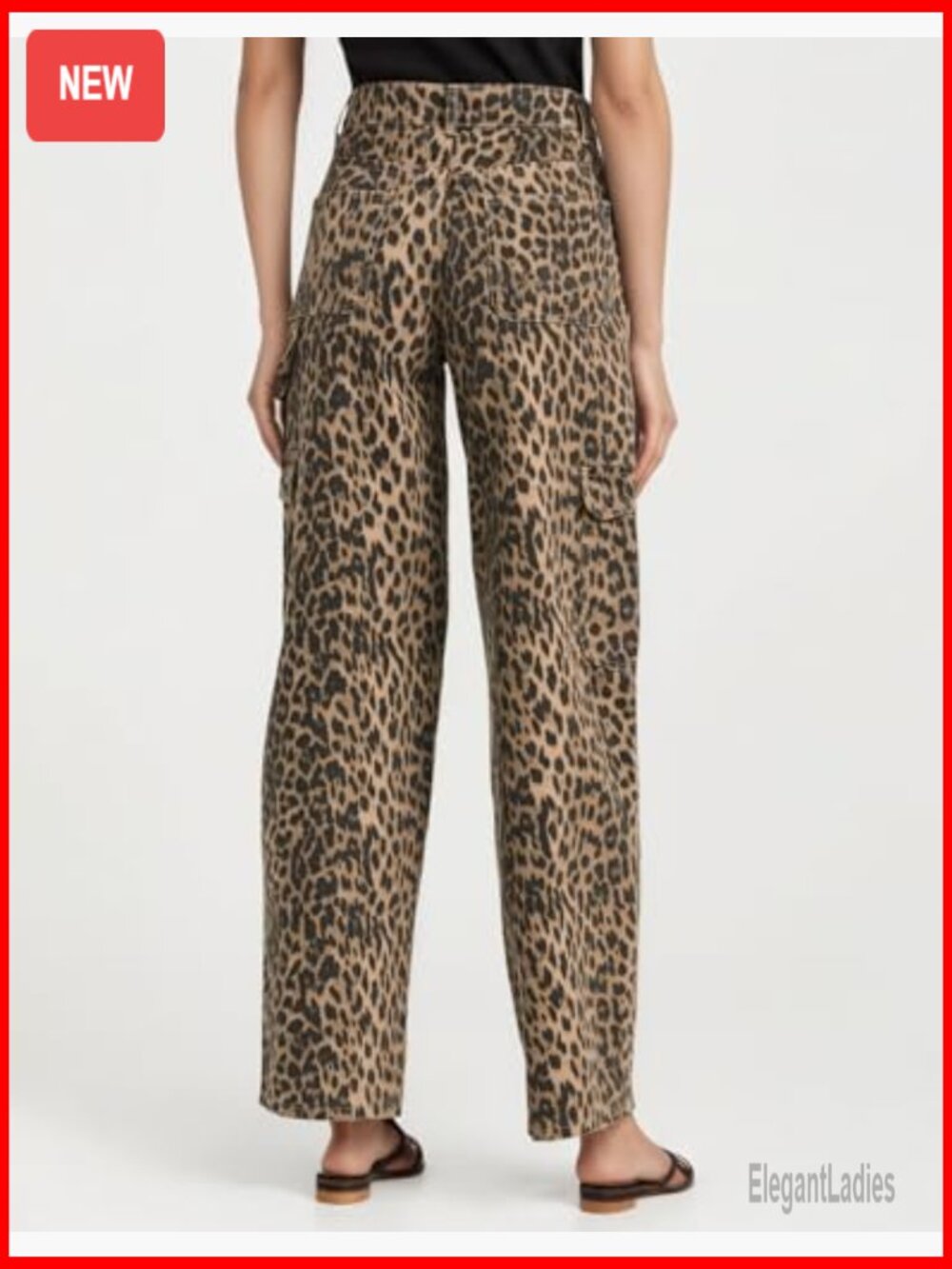 Women's Leopard Print Cargo Jeans Straight Leg Baggy Boyfriend Fit with Pockets - Picture 4 of 7